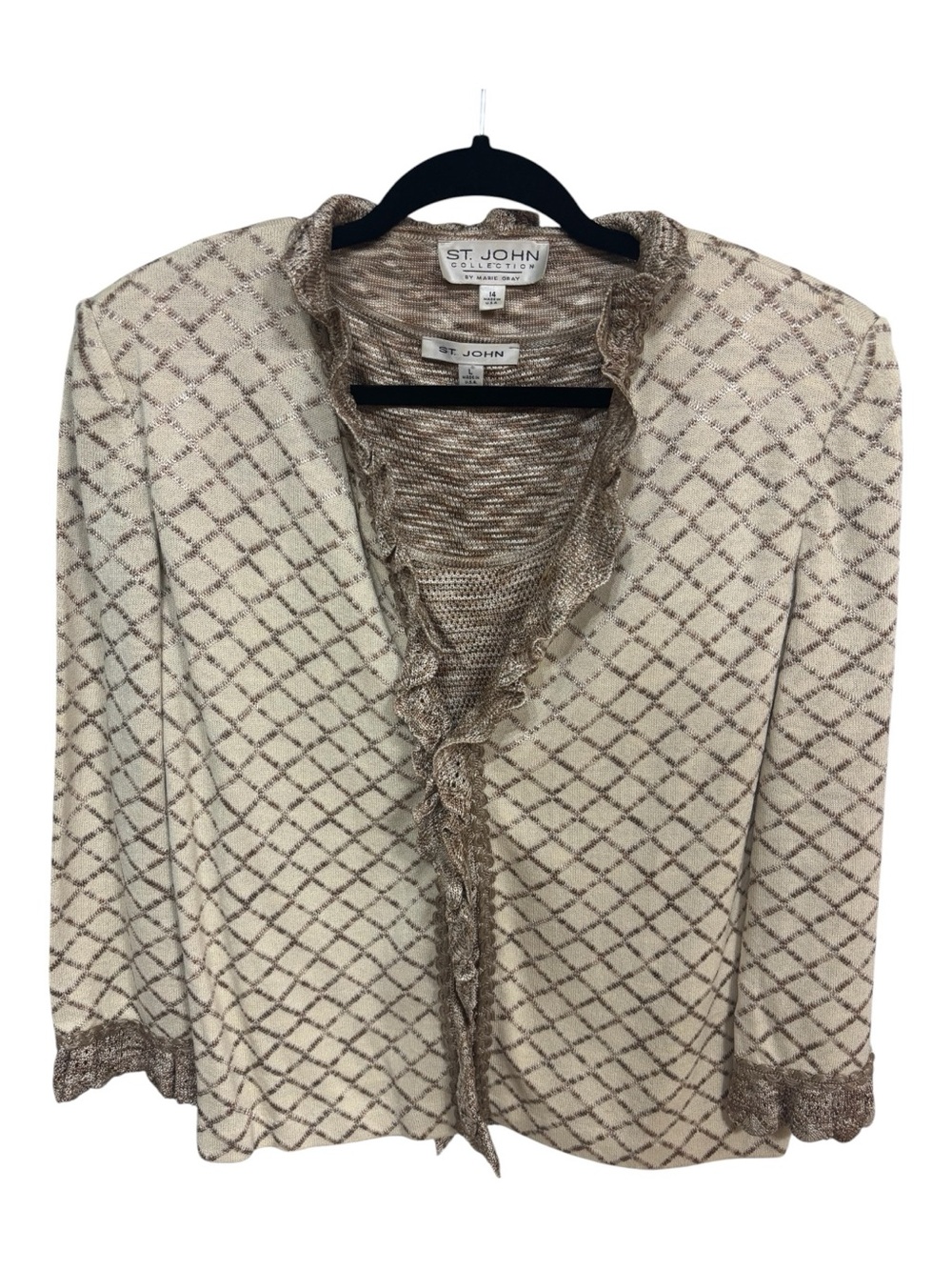 NWOT 2 pc St John Collection Cream and Taupe Diamond Lattice Knit Jacket Sz 14/L